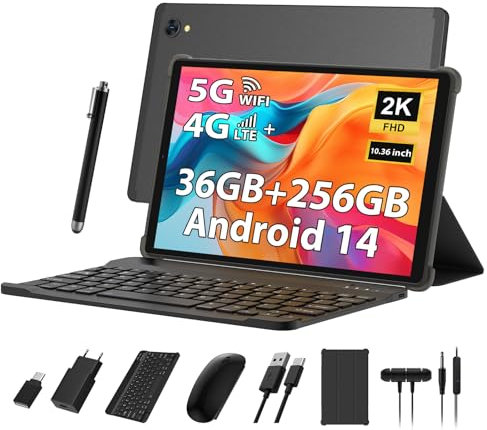 PIXPEAK 2K Tablet 10,4 Pollici, 4G LTE+5G WiFi, 36GB RAM+256GB ROM (2TB TF), Android 14 Tablet PC, Octa-Core, 2000 * 1200, 8000mAh, 13MP+8MP, GPS, Tablet in offerta con tastiera ect (nero)
