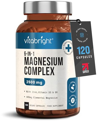 Vitabright Magnesium 6 in 1 Complex | 2500mg | 120 Capsules | 485mg Elemental Magnesium | Supplements for Women & Men | Chelated Glycinate and Citrate, Malate, Taurate with Zinc, Vitamin D & B6
