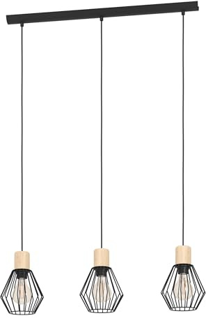 Eglo Pendant Lighting Palmorla, 3 Light Pendant lamp Vintage, Industrial, Retro Ceiling Light Made of Black Metal and Natural Wood, Dining Table lamp FSC Certified, E27 Socket