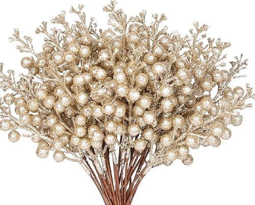 N&T NIETING Christmas Tree Picks, 24 Pcs Artificial Glitter Tree Picks Stems Branches Ornaments, 9.8inch Artificial Holly Berries for Wreath Making Supplies Christmas Tree Decoration, Champagne