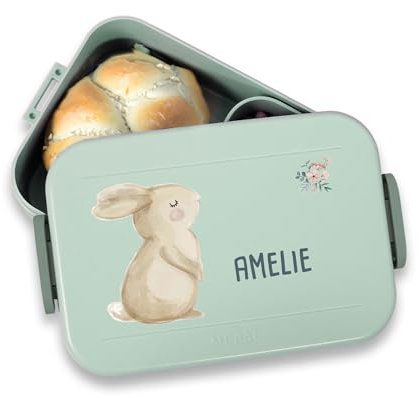 hellomini Mepal Brotdose - Personalisiert - Brotdose Kinder mit Fächern - Snackbox mit Fächern - Lunchbox, Bento Box Geschenk zu Einschulung - Einschulungsgeschenk (Hase, Weiß)
