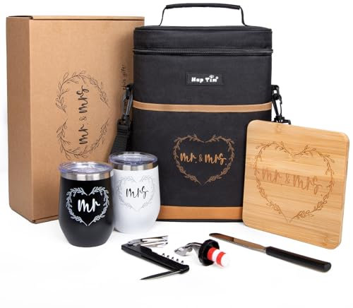 Hap Tim Wedding Gifts for Couples, Bridal Shower Gifts, Engagement Gifts for Newlyweds, Mr and Mrs Gifts - Wine Cooler Bag Insulated Wine Carrier Tote with Tumblers, Bamboo Cheese Borad (13624-G1)