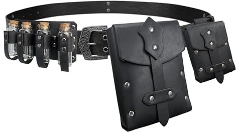 EpicCos 4 PCs Medieval Alchemy Belt Waist Pack Combo mit Mehreren Trank Flaschen, Wikinger Niet Gürtel Seitentasche für Cosplay(Schwarz B)
