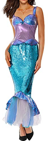 Nicoxijia Damen-Meerjungfrau-Kostüm, Halloween, Meermädchen-Schwanz, Kleid, Pailletten-Maxirock, Cosplay, Halloween, Partykleid, Meerjungfrauen-Outfit (B-Lila, M)