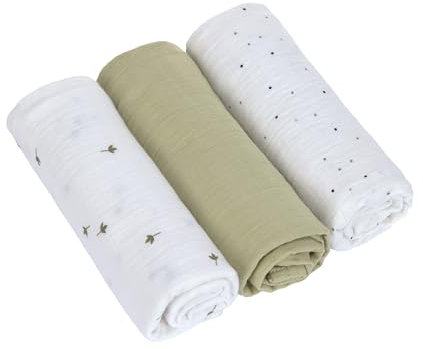 LÄSSIG Baby Puckdecke Spuckdecke Pucktuch Mulltuch 3er Set Baumwolle 85 x 85 cm/Swaddle & Burp Blanket L Leave Olive
