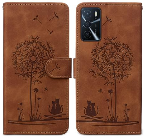 SEHEYA Cover Libro per Oppo A16 / A16S / A54S Custodia in Pelle PU Premium Portafoglio Goffrato Dente di Leone Gatto Motivo Flip Cellulare Case con Porta Carte Magnetica, Marrone