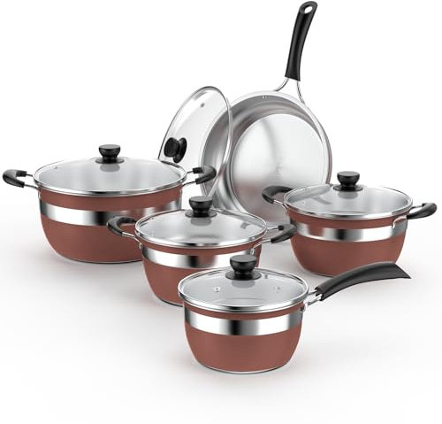 Stainless Steel Cookware Sets 5-Piece with Stay-Cool Handles, Pots and Pans Kitchen Cooking Sets Compatible with Gas, Electric & Induction, Dishwasher Safe