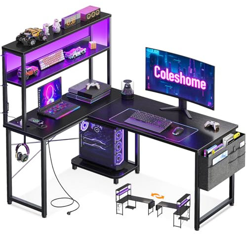 Coleshome Bureau Gaming Angle avec LED et Prises, 115 × 80 cm Bureau Gaming Réversible avec Étagères, Table en L avec Sac de Rangement et Crochet pour Le Travail à Domicile et Gaming, Noir
