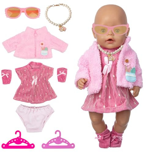 HTTDSLF Kleidung Bekleidung Outfits, Puppenkleidung 35-43 cm, 8 teilig Kleid Mantel Socke Halskette Brille Unterwäsche mit 2 Kleiderbügel, Geschenke, Rosa
