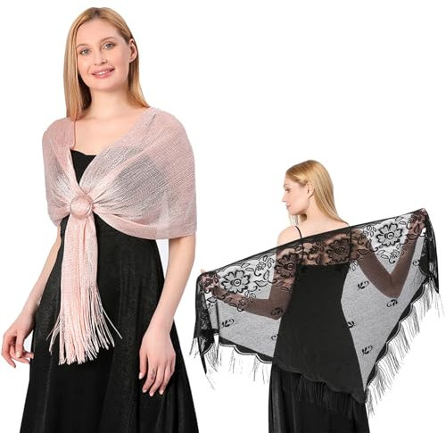 FOSDICK 2 Pezzi Stola Elegante Donna Cerimonia, Scialle Donna Elegante, Rosa Scialle Stola Metallici Scintillanti Donna, Nero Sciarpa di Pizzo, Coprispalle Donne per Matrimoni Feste Serate