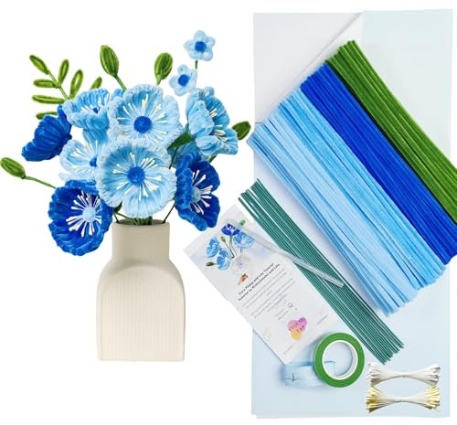 YYUENGTAK corn poppy Pfeifenreiniger Blumen Set, 200 Stück Pfeifenputzer zum Basteln,3 verschiedene blau, Pfeifenreiniger zum Basteln, mit Anweisungen,Blumen Staubblatt,Blumendraht,Geschenkpapier