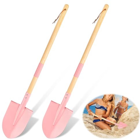 2 Pack Beach Shovels, 28 Detachable Metal Shovels for Digging, Sand Garden Spade with Wood Handle, Beach Play Tools for Sand Gardening (Pink)
