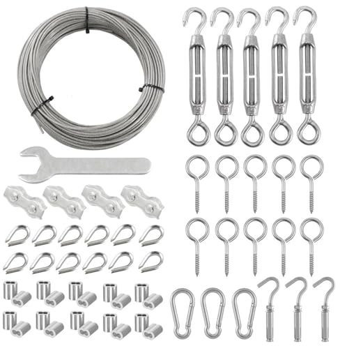 Drahtseil, Drahtseil-Set, 1 Set, 30 Meter, strapazierfähiges beschichtetes Nylon, 304 Edelstahl, 2 mm Drahtseil, M2-Kausche mit Aluminium-Crimp-Spannschloss, for Kletterpflanzen, Wäscheleinen im Freie