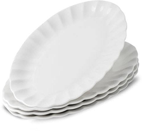 UIBFCWN Set di 4 Ovali Piatti Piani, 25,5 cm Piatto Piano in Porcellana, Piatto da Portata Ovali Bianchi per Insalata, Pasta, Pizza, Panino, Dessert, Adatto per Microonde e Lavastoviglie