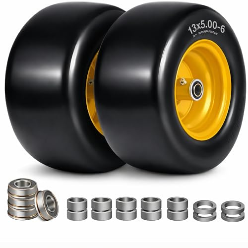 Fuairmee 13x5.00-6 Flat Free Tire and Wheel with 3/4 & 5/8 Bearing, 13x5.00-6 Lawn Mower Tires for Zero Turn Mower, Riding Lawn Mower for Commercial Grade Lawn, 3-5.65 Centered Hub (Yellow-2 Pack)