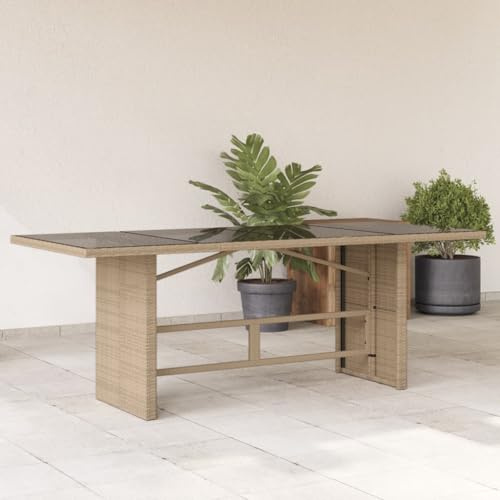 LLEZKBR Outdoor Tisch Gartentisch mit Glasplatte Beige 190x80x74cm Polyrattan