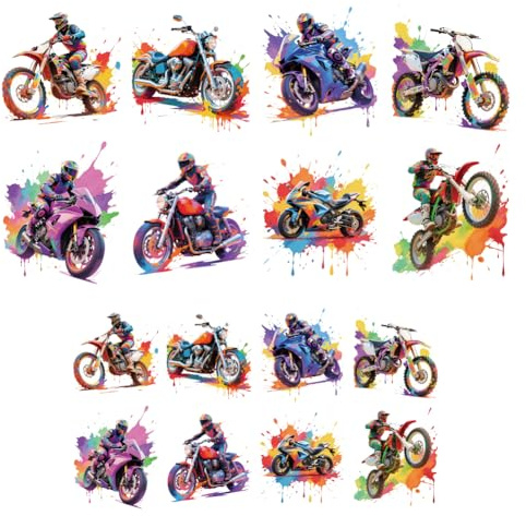 ANATTASOUL 16Pcs Bunte Motocross-Motorräder Bügelbilder Für Textilien | 6.5 x 8 CM/18 x 22 CM Schnell & Einfach Bügelbild DIY Sticker zum Aufbügeln Bügelbilder Erwachsene für Hosen, Hüte, Taschen