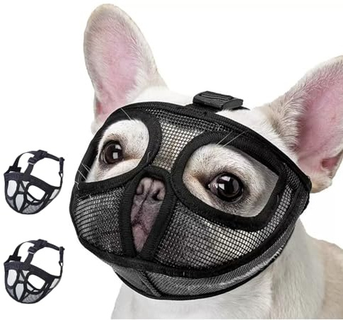 FDIDY Atmungsaktiver Maulkorb für Hunde mit kurzer Schnauze für Französische Bulldogge, Mops, Englische Bulldogge, Pekinese, weicher Netzmaulkorb mit offenem Auge, verhindert Beißen und Kauen (Schwarz