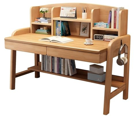 LAITEGOG Schreibtisch aus Massivholz Schreibtisch aus Massivholz mit Bücherregal - Home-Office-Werkbank mit Schublade, Arbeitstisch for Laptop-Computer(Natural,80 * 60 * 112CM)