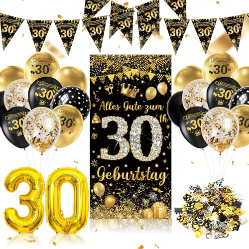 KQMGJYB 30 Geburtstag Deko, Deko 30 Geburtstag Junge Männer Frauen Schwarz Gold Dekorationen Banner, 30 Happy Birthday Girlande Ballon Dekoration