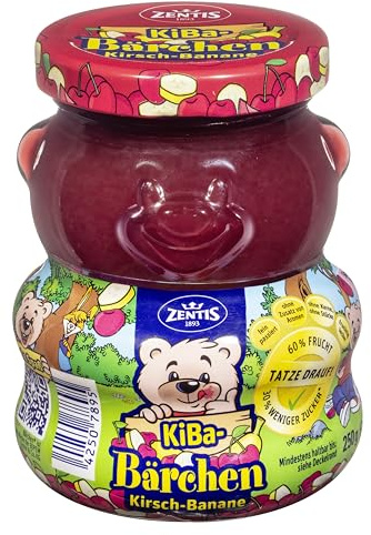 Zentis Bärchen Fruchtaufstrich KiBa 250g, passiert, zuckerreduziert | Mit 45% Sauerkirschen und 15% Bananen im süßen Bärchenglas.