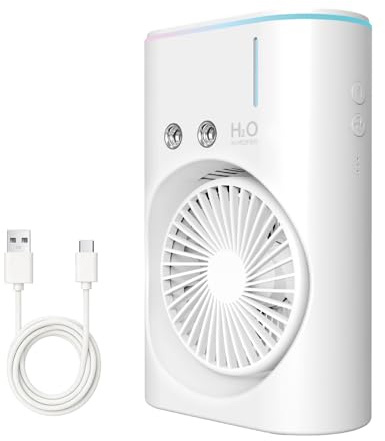 Ventilador Portátil con Nebulizador,Ventilador USB con Agua, Batería Recargable 2400 mAh, Depósito 280 ml, luz RGB, Motor Turbo Potente, para Exterior, Hogar, Patio y Viajes, Regalo Mujer y Hombre