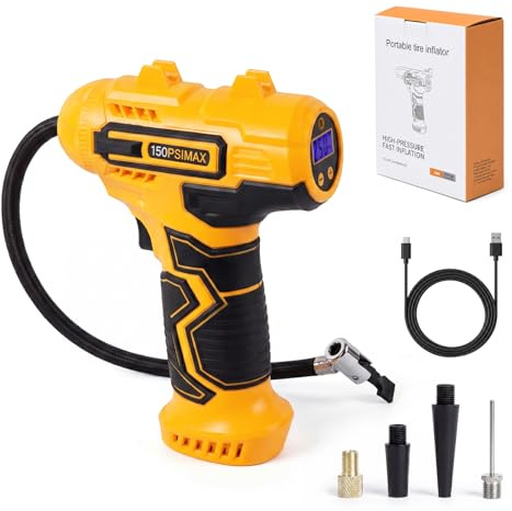 Tyre Inflator Air Compressor, Portable Car Tyre Inflator 150PSI, Cordless Electric Tyre Pump with Digital Pressure Gauge, Auto Shut Off, LED Light, Air Pump for Car Tyres, Bike, Motorcycle & Balls