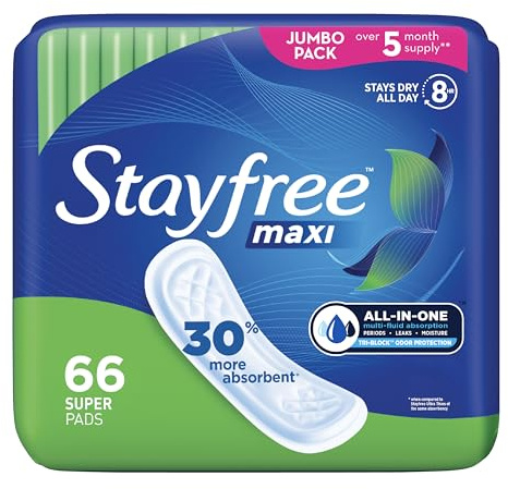 Stayfree Maxi Super Long Pads For Women, Wingless, Reliable Protection and Absorbency of Feminine Periods, 66ct