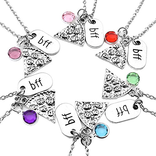 Jovivi Schmuck, Silber Farbe Pizza Slice Anhänger Freundschaftsketten mit BBF Gravur Tag Strass Kristall Partner Halskette(Set)