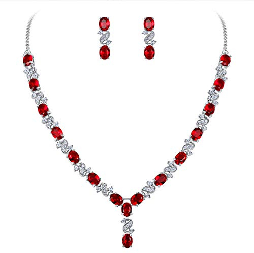Clearine Damen Schmuckset Elegant Delicate Cubic Zirconia Unendlichkeit Y-Form Halskette und Dangle Ohrringe Set Rubin Rot für Party Hochzeit