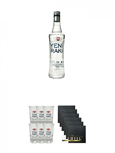 Yeni Raki 0,7 Liter + Yeni Raki Shot Gläser 6er Set mit Eichstrich + Schiefer Glasuntersetzer eckig 6 x ca. 9,5 cm Durchmesser