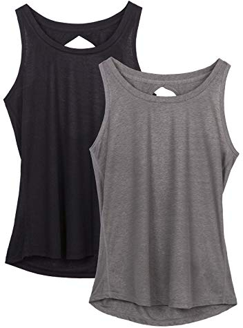 icyzone Damen Yoga Sport Tank Top Rückenfrei Fitness Oberteil ärmellos Shirts, 2er Pack (M, Schwarz/Grau)