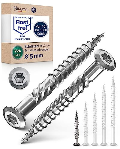 Torx Lot de 50 vis pour terrasse, 5 x 40 mm, en acier inoxydable A2, hexagonales, avec tête bombée, encoche de coupe et nervures d'épluchage pour bois, 40 mm de long