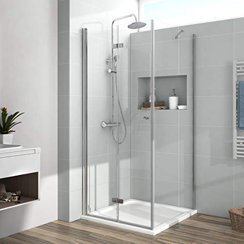 EMKE Duschkabine 75 x 90 x 185cm Eckeinstieg Falttür Dusche 180º Klappbar Duschwand Duschabtrennung Mit Seitenwand 90cm 6mm ESG Sicherheitsglas
