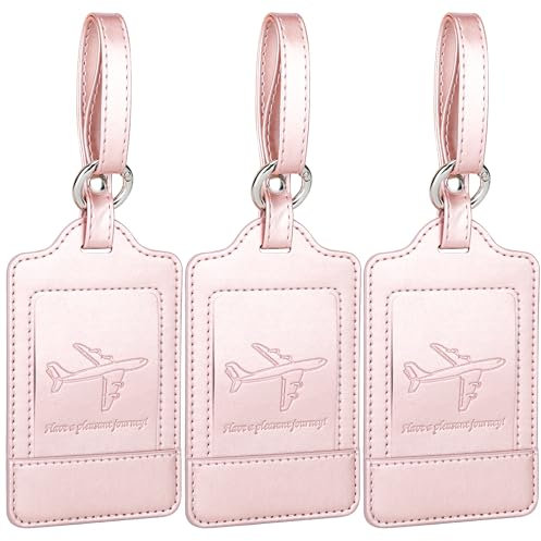 Teskyer Pack of 3 Luggage Tags, PU Leather Luggage Tags for Suitcases, Luggage Labels with Name ID Card, Noticeable, Durable, Travel Accessories, Rose Gold