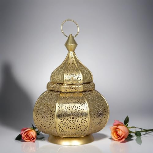 Orientalische Deko Laterne Teelichthalter aus Metall Ziva Gold 30cm | Boho Deko orientalisches Windlicht | Gartenwindlicht für draußen als Gartenlaterne oder als Ramadan Deko
