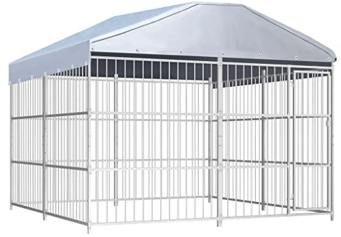 vidaXL Outdoor Dog Kennel with Roof Lockable Latch System Chain-link Mesh Sidewalls Pet Puppy Cage House Animal Shelter Silver Galvanized Steel