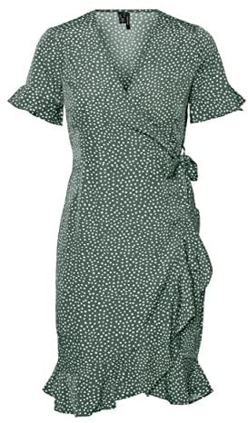 VERO MODA Damen Vmhenna 2/4 Wrap Frill Dress Noos Kleid, Laurel Wreath/AOP:Tiny Dots, M EU