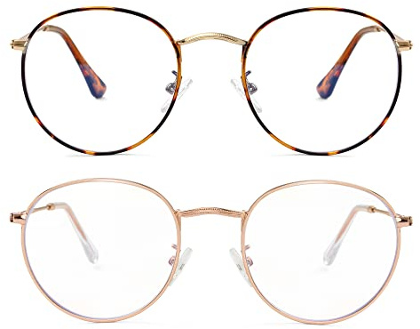 Onrtry Circle Blue Light Glasses for Women Men Round Metal Frame Computer Gaming Eyeglasses 2 Pack, A3 Tortoise+rose Gold, M