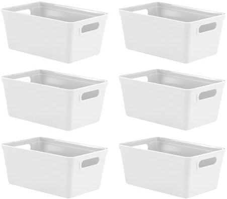 simpa 4L 4 Litre Plastic Storage Basket Studio Organiser Trays with Handles - White, Set of 6 Trays - 11cm (H) x 25cm (L) x 17cm (W)
