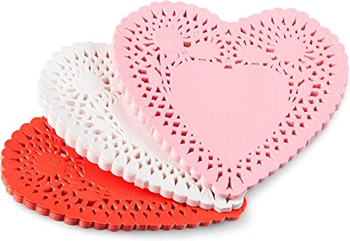 Happium 100 centrini a forma di cuore di San Valentino in carta a forma di cuore in 3 colori per decorare torte e torte, per San Valentino, decorazioni artigianali per feste, rosso, rosa, bianco