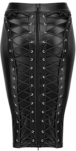 Wvapzxx Damen Knielang Wetlook Stretch Schwarz PU Leder Rock Rücken Schnürung Reißverschluss Bandage Bodycon Röcke, Schwarz , 36