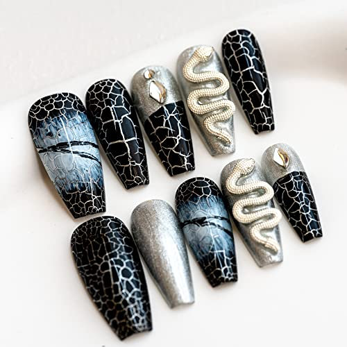 Sun&Beam Nails Handmade Press On Nail Coffin Ballerina 3D Snake Black Acrylic Fake Tip Design Art Charms Cute with Storage Box 10 Pcs (M)