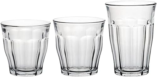 Duralex® Le Picardie® - Juego de 18 vasos transparentes (25, 31, 36 cl, vaso de agua, jugo y refrescos y cóctel), vidrio templado ultra resistente a los arañazos, compatible con lavavajillas,