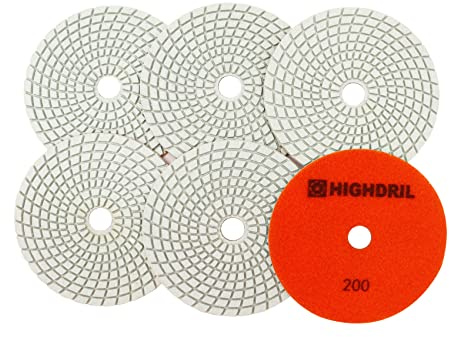 Nasse Diamant Polierscheibe - HIGHDRIL 6 Stück 125MM #200 diamant schleifpad für Granit, Marmor, Keramik, Kunststein Schleifblock auf Schleifer oder Polierer verwendet