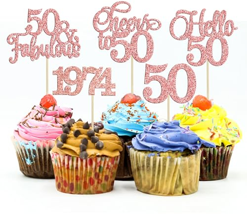 Gyufise 30Pcs 50th Birthday Cupcake Toppers 50 Fabulous Cupcake Picks Cheers to 50 1975 Cake Decorations for Happy 50th Birthday Wedding Anniversary Party Decoration Supplies Rose Gold
