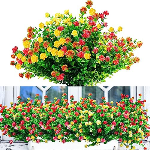 WELLXUNK 6 Bündel Künstliche Blumen, 3 Farben Balkon Kunstblumen, UV Beständige Pflanzen für Blumen Arrangement, Wetterfeste Künstliche Balkonpflanzen, Plastik Blumenstrauß für Hochzeit Hause Party