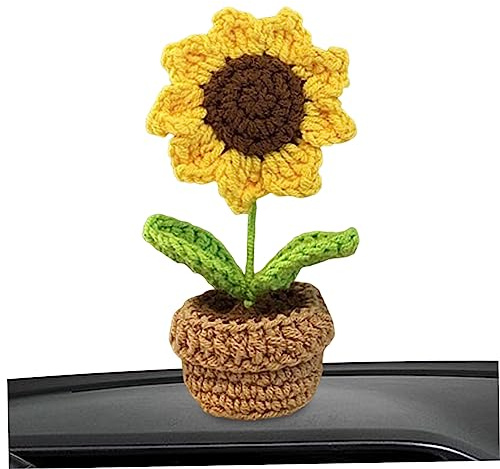 SMELEYOU Crochet Potted Flowers Car Ornaments Small Artificial Flower Pot Knitted Sunflower Pot for Car Accessories Home Office Desk Decor