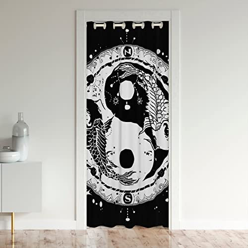 Yin Yang Rideau de Porte 106x203cm Boho Trippy Art Rideaux Interieur Salon Chambre Home Décor Rideaux Exterieur d'entrée Gossip Koi Couple Fish Style Chinois Noir Blanc Rideau Occultant Rideaux