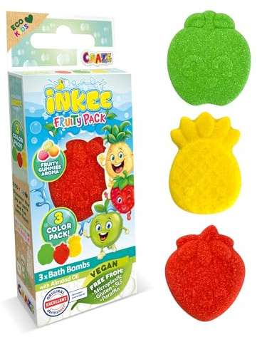 INKEE FRUITY PACK 3 Badekugeln Kinder - 3x 15g Badebomben mit Fruchtaroma | Pflegender Badezusatz mit Jojobaöl in Fruchtform, ideal als Mitbringsel für die Schultüte oder den Adventskalender